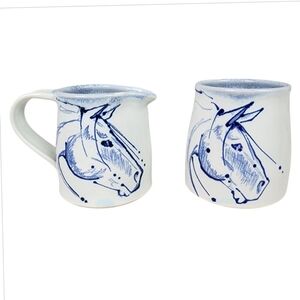 Horse Cream and Sugar Set Studio Pottery 2007/08 Blue Ivory Equestrian Handmade